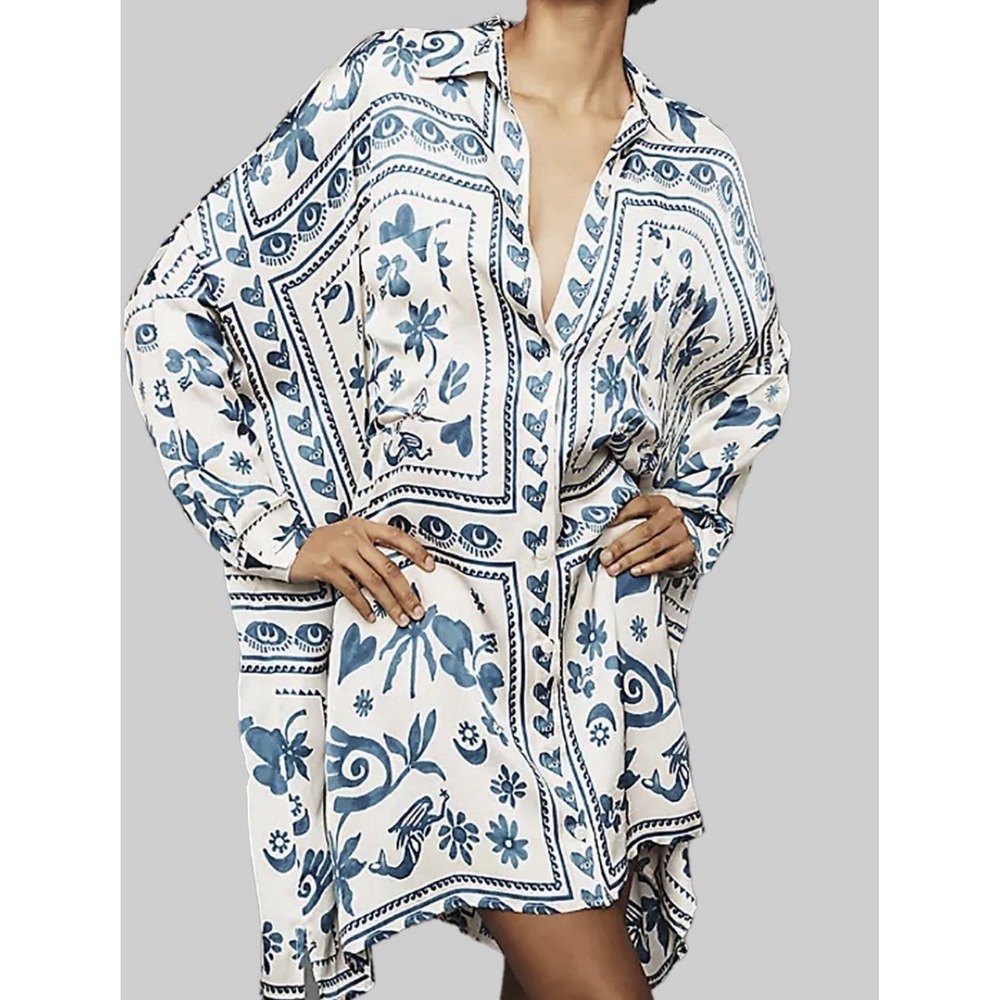 Corey Lynn Calter Long-Sleeve Printed Mini Shirt Dress Blue And White NWT